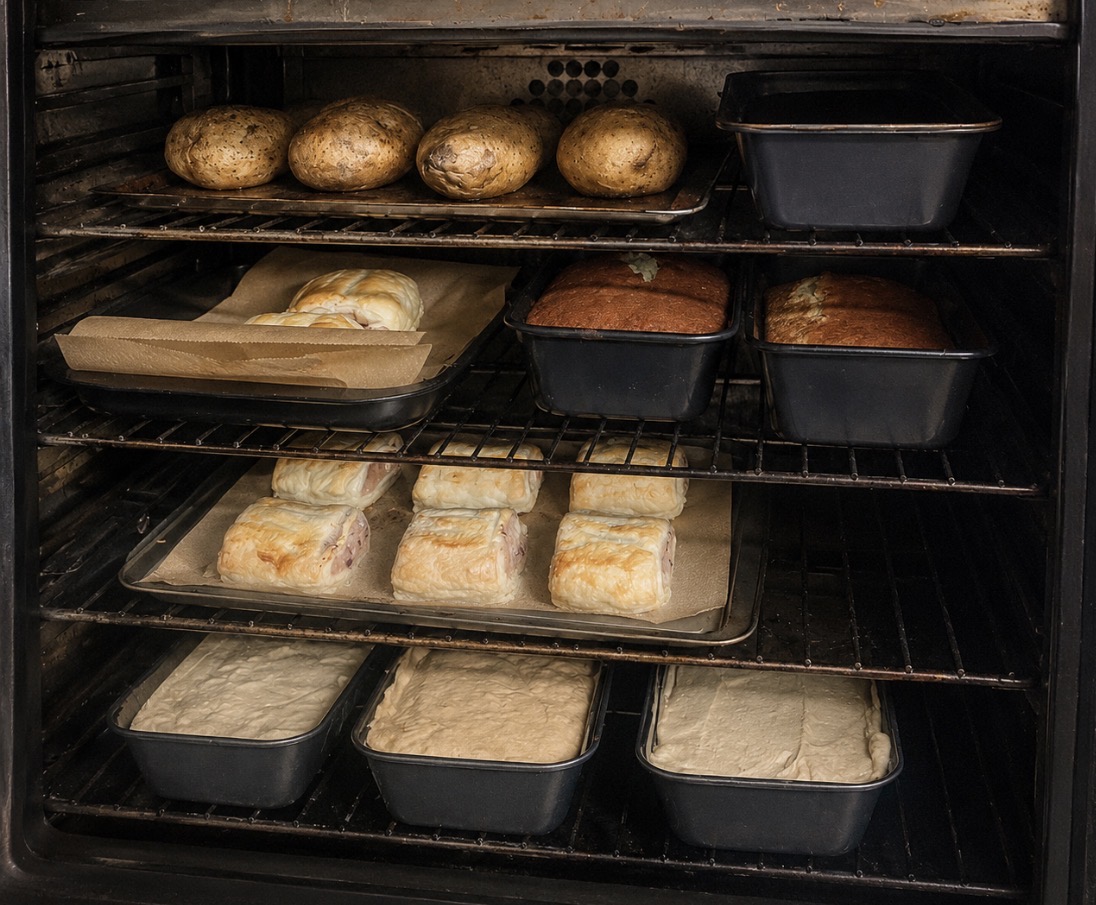 Jacket potatoes, sausage rolls and cakes baking in the oven